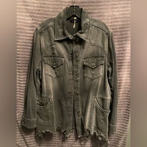 Free People Moonchild Distressed Denim Long Shirt Jacket